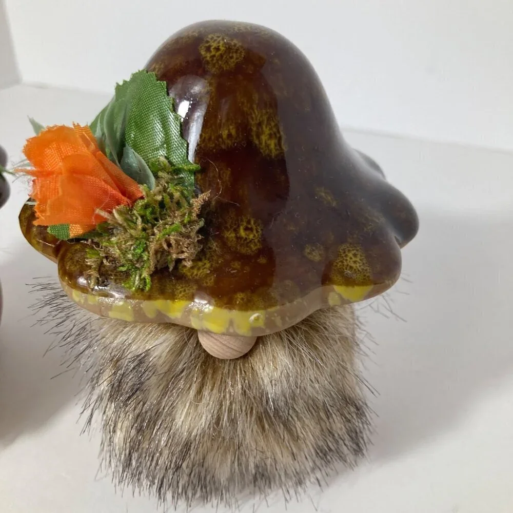 Ceramic Mushroom Gnomes Fairy‎ Flower Garden -2 Brown Purple Orange 3 x 4